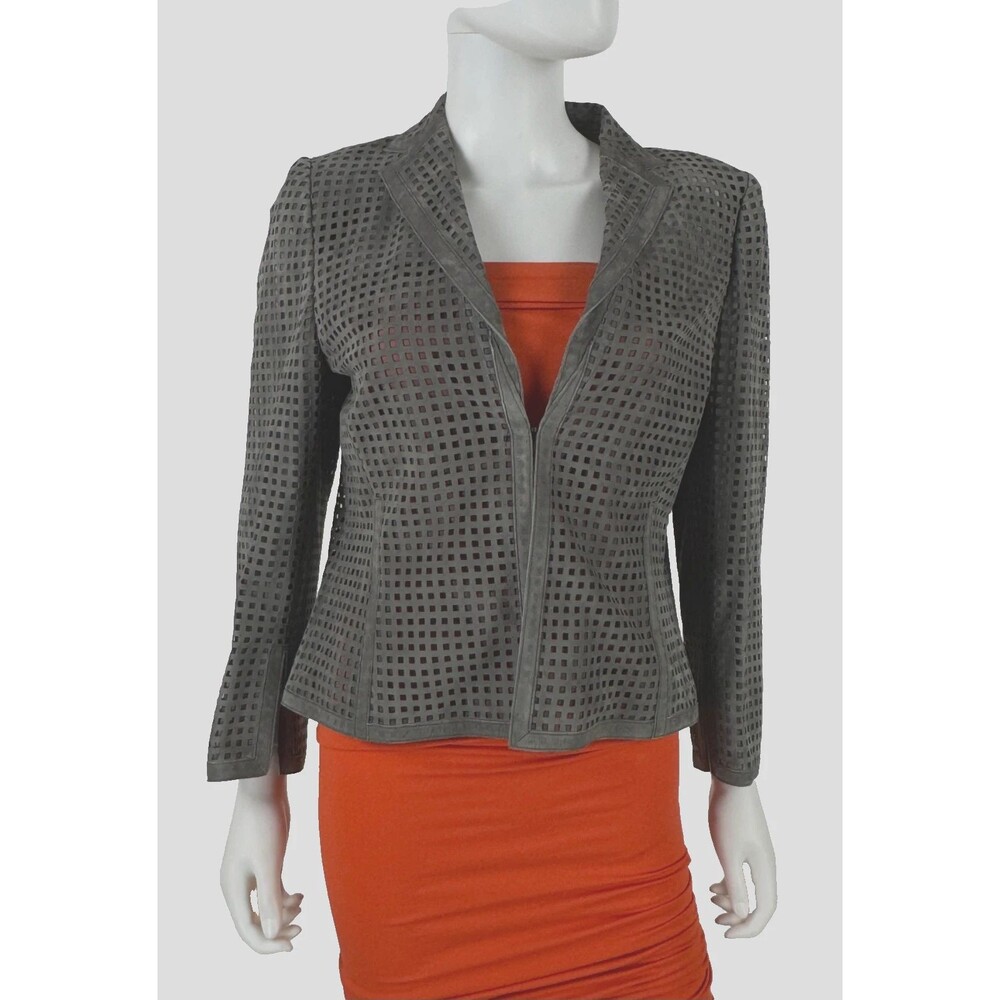 $5K Akris Gray Laser Cut Lamb Suede Leather Jacket Coat 10 US 46 IT 40 M Runway